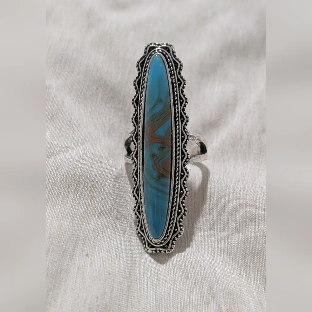 Artisan Faux  Silver and Blue Marbled Ring